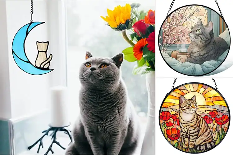 Detailed view of Best Grey Tabby Cat Stained Glass Suncatchers