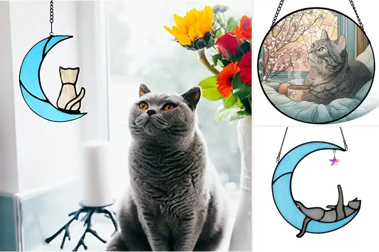 Detailed view of Best Grey Tabby Cat Stained Glass Window Hangings