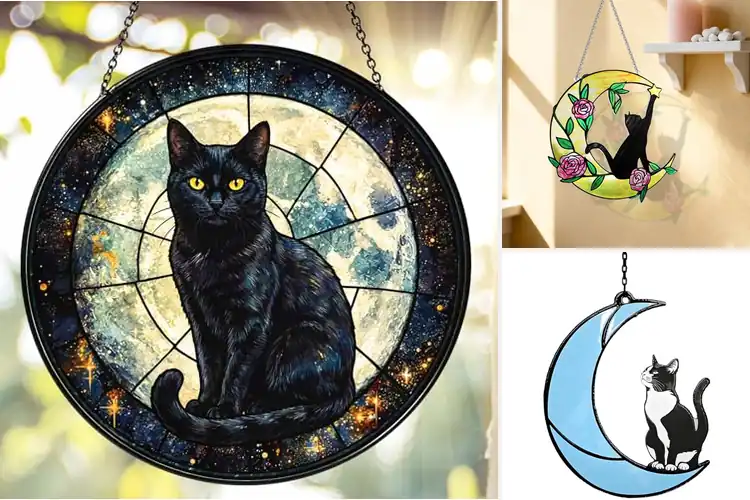 Detailed view of Best Stained Glass Cat Moon Window Hanging