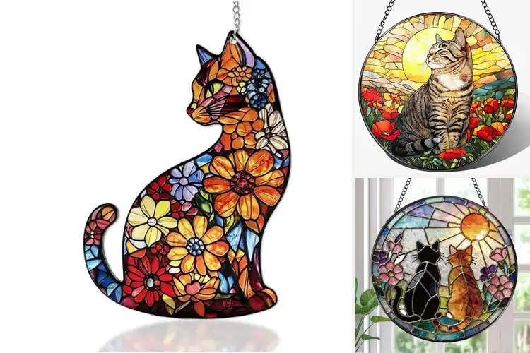 Detailed view of Best Stained Glass Cat Window Hanging