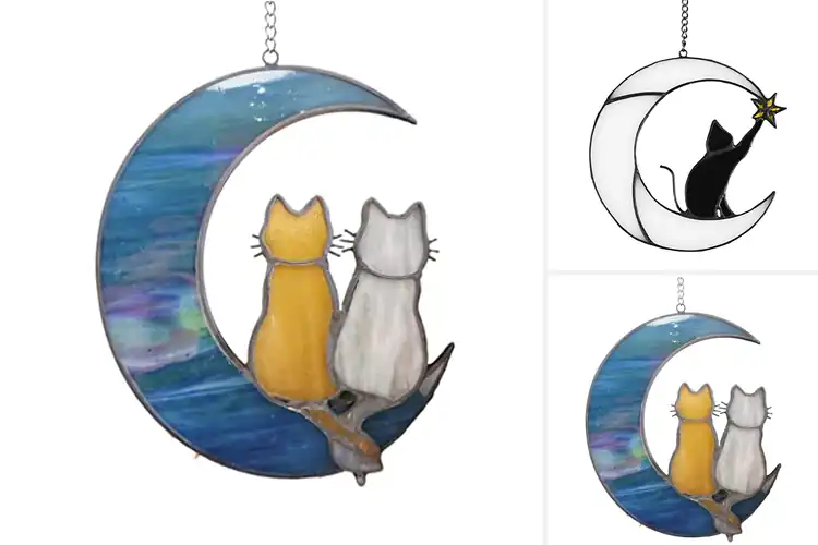 Detailed view of Best Stained Glass Moon Cat Wall Hangings